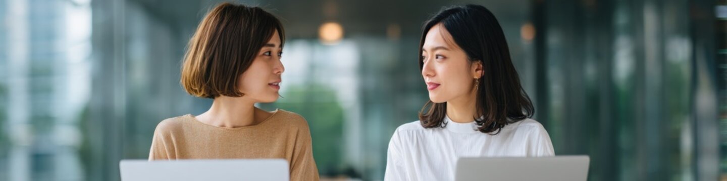 Two asian female young adult women smiling and conversing in a modern office setting with laptop and casual coffee during collaboration and friendly meeting