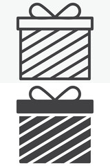 Striped decorated gift box with bow icon in line and solid styles. Outline and solid icon, editable stroke vector sign symbol. Gift box icon for festive design.