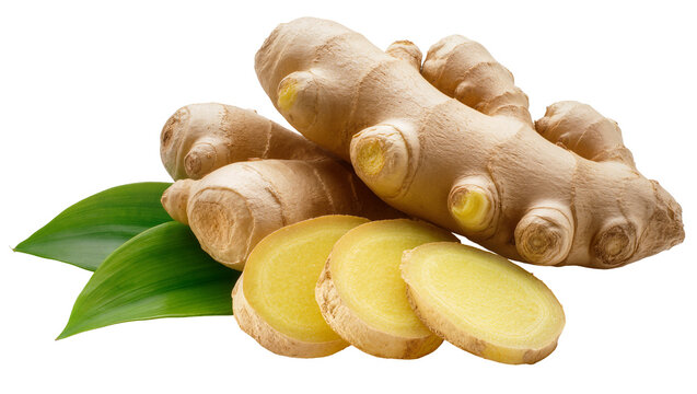 Fresh ginger root with slices and green leaves, isolated on transparent background