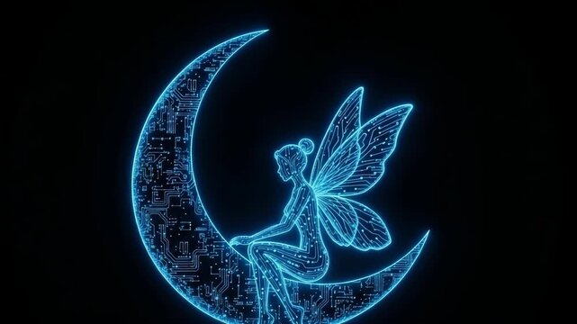 Glowing Digital Fairy Sitting On Neon Circuit Board Crescent Moon With Black Background Technology Fantasy Themes For Website Backgrounds Conceptual Imagery