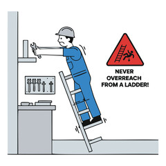 Unsafe ladder use overreaching leads to dangerous fall risk. © Mamon