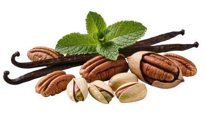 Pecan nuts pistachios vanilla beans and mint leaves, isolated on transparent background © Elena