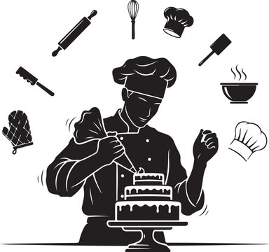 Black silhouette chef decorating cake with baking tools