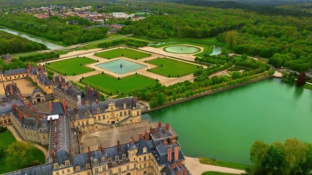 Aerial view of Castle Fontainebleau with symmetrical gardens, Castle Fontainebleau, Paris, France