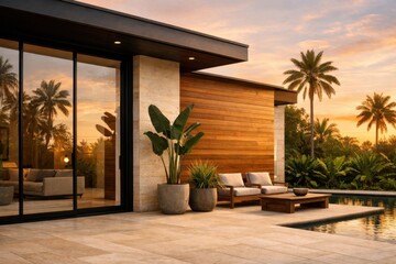 Fototapeta premium Contemporary Tropical Villa Facade at Sunset