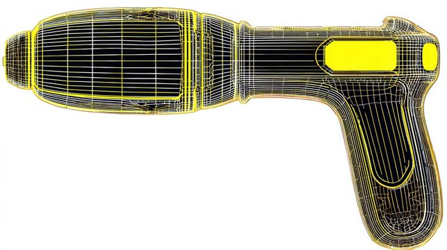 Wireframe rendering of a retro ray gun in black with yellow accents on a white background
