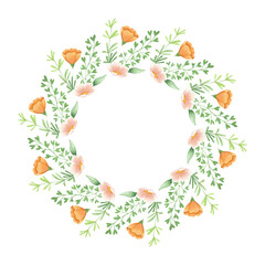 Fototapeta premium Watercolor frame with wildflowers. Hand drawn botanical illustration. Wreath of blooming orange and green plants is perfect for invitations and weddings.