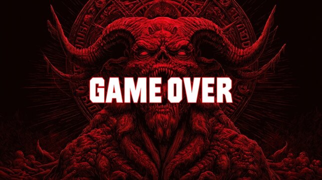 Scary red demon monster with game over text for dark fantasy horror gaming background illustration