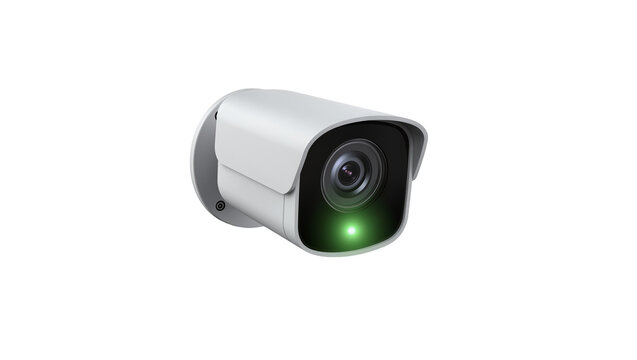 Modern white security camera with green LED light, isolated on transparent background