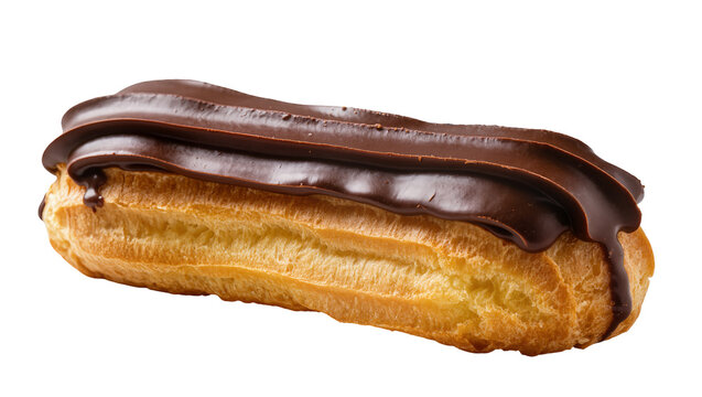Golden brown choux pastry eclair with glossy dark chocolate icing, isolated on transparent background
