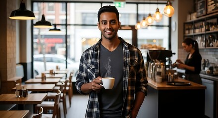 Fototapeta premium Smiling man holding coffee cup in a cafe setting.