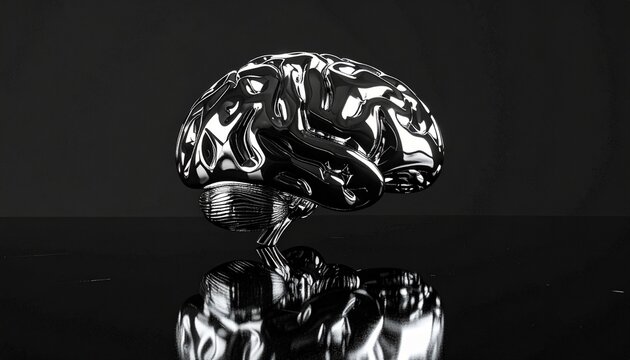 Liquid metal brain sculpture with smooth, reflective surface, floating on black