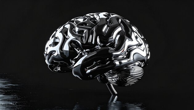 Liquid metal brain sculpture with smooth, reflective surface, floating on black