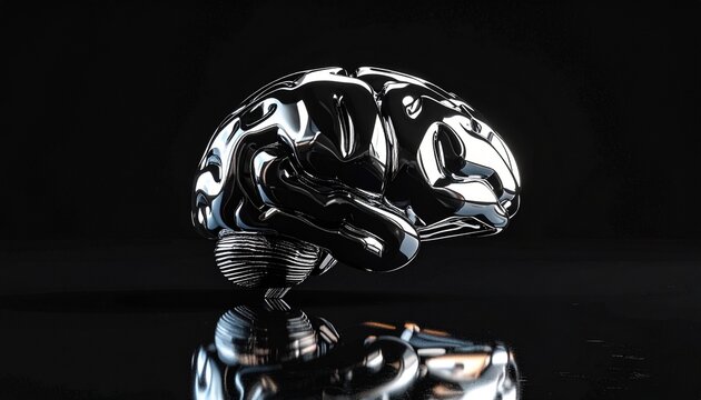 Liquid metal brain sculpture with smooth, reflective surface, floating on black