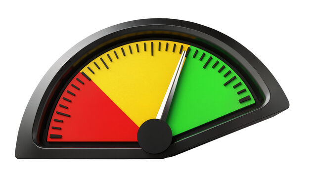 Semi-circular gauge with red yellow and green zones, isolated on transparent background