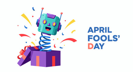 Naklejka premium Happy April Fools' Day celebration with a jack-in-the-box robot bursting out of a gift box with confetti