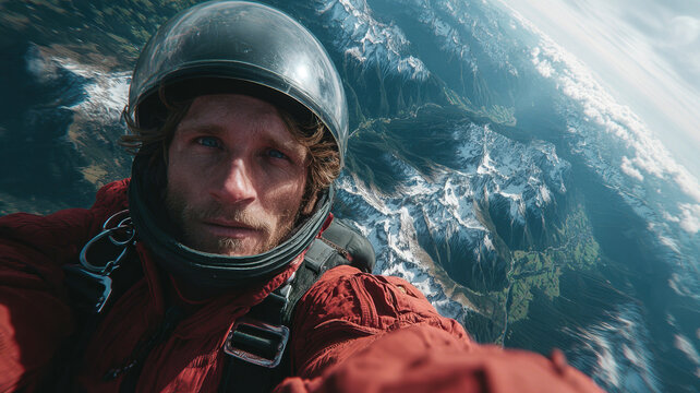 Skydiver taking selfie during free fall high above majestic snow peaked mountains at sunny day