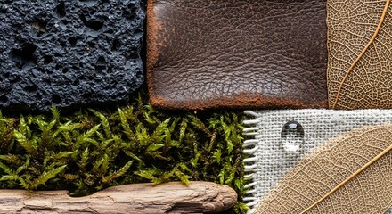 Textures, natural materials, leather, fabric, stone, moss, wood, eco-friendly backgrounds