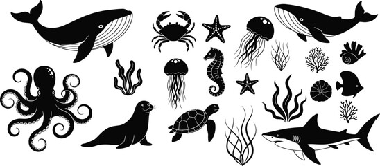Silhouette collection of diverse marine animals and ocean life including whales, shark, octopus, turtle, jellyfish, crab, seahorse, coral, seaweed © tajwar