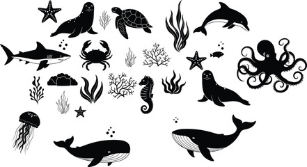 Silhouette collection of ocean animals including whales, dolphins, shark, turtle, octopus, crab, jellyfish, seahorse, starfish, coral, seaweed, seal © tajwar