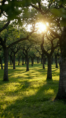 Fototapeta premium Majestic Woodland Grove Bathed in Warm Golden Sunlight, Illuminating Carpet of Vibrant Green Grass and Casting Long, Serene Shadows Amidst Trees