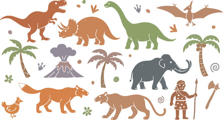prehistoric animals and cave man with volcano and palm trees © GraphicGrove