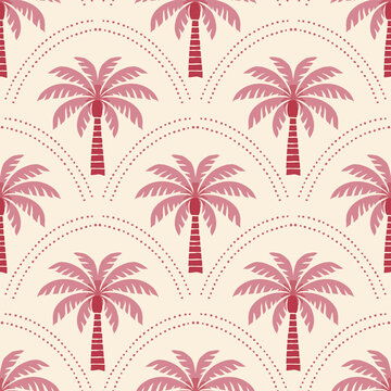 Seamless palm tree pattern tropical pink coconut trees repeating summer beach style background for textile wallpaper wrapping paper fabric design.