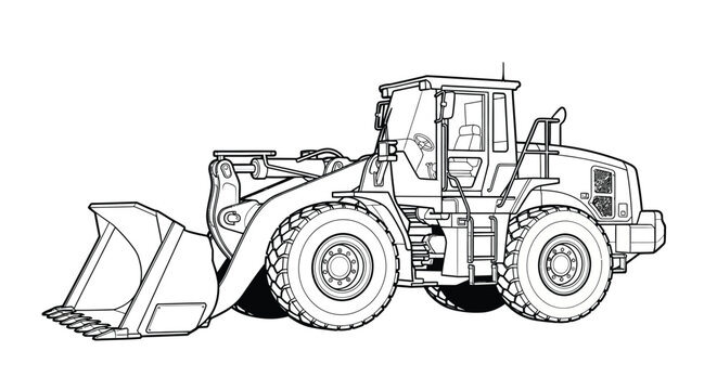 Detailed outline of a front loader construction vehicle black and white silhouette