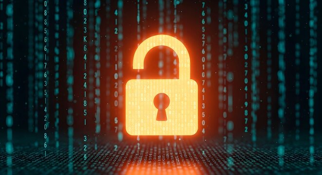 Secure data protection and network security systems. Digital privacy and encrypted information. Glowing open padlock icon on binary code background for cyber safety
