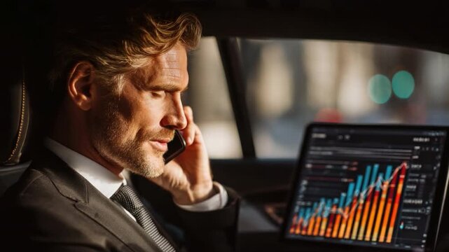 Investor on the Move: A sharp businessman, deep in conversation on his phone, closely monitors financial charts on his laptop, showcasing the dynamic world of trading.