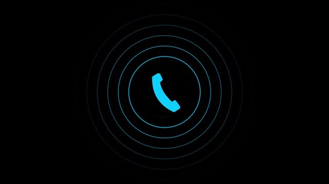 Cyan telephone icon with radiating waves on black background. Telephone icon with radiating waves shines in cyan. Radiating waves enhance cyan telephone icon.