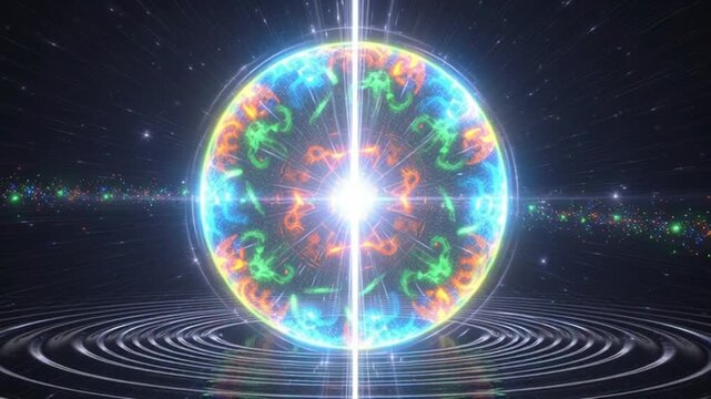 Vibrant glowing orb emits light on concentric circles in space with colorful background.
