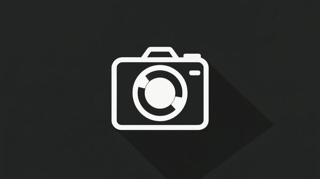 Animated white flat icon of a digital camera with a long shadow appearing on a dark background, representing photography, technology, and capturing moments through a visual symbol