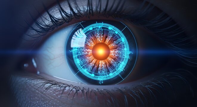 Advanced biometric iris scan and digital eye identification. Cybersecurity and visual recognition. Human eye with glowing blue circular circuit interface for authentication