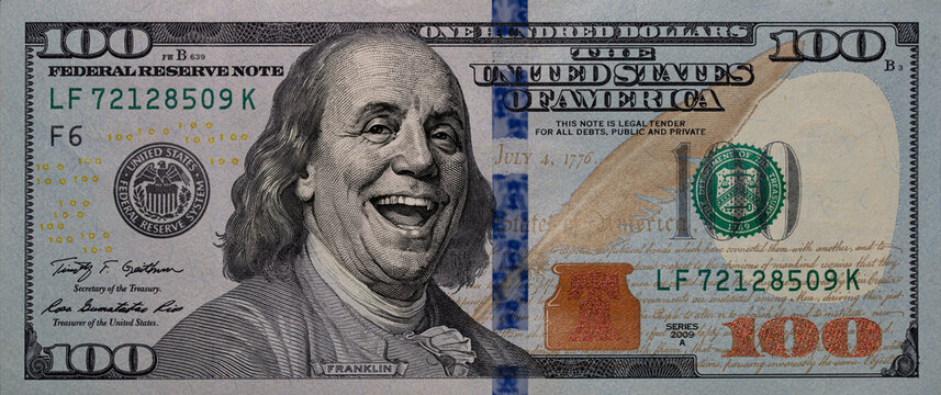 Benjamin Franklin smiling on 100 dollar banknote