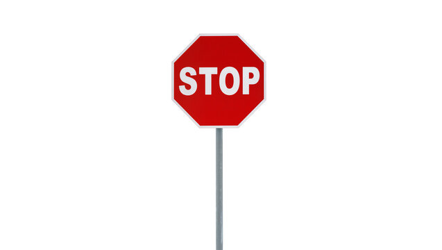 Red octagonal stop sign with white lettering, isolated on transparent background