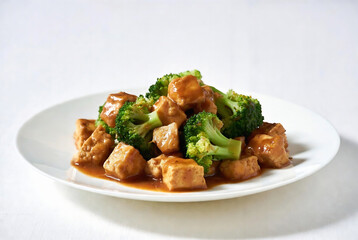 Fototapeta premium A plate of General Tso's chicken and broccoli is presented on a white plate.