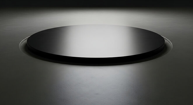A sleek, metallic disc-shaped object reflecting light and shadow, sitting flush within a dark, circular recess