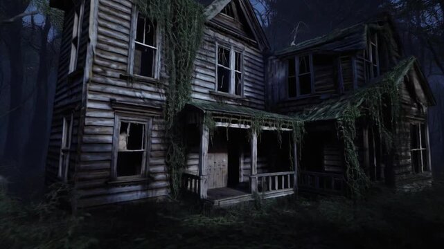 Abandoned house in woods at night with overgrown vegetation and trees