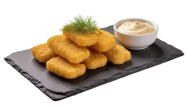 Golden crispy fish fingers with dill and mayonnaise dip, isolated on transparent background