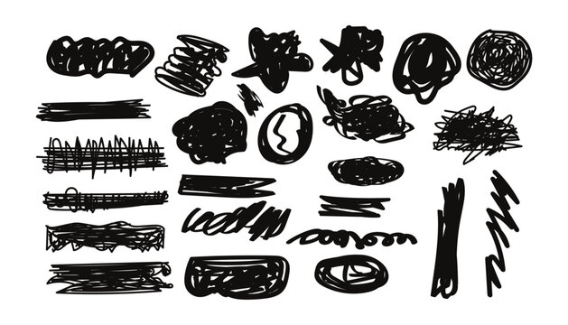 Hand Drawn Scribble Shapes Set, Black Marker Brush Strokes, Doodle Lines, Rough Sketch Elements, Abstract Vector Collection
