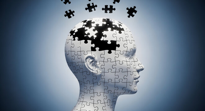 A thought provoking image of a human head composed of puzzle pieces with some pieces floating away