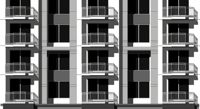 Modern apartment building with balconies and large windows in grayscale.