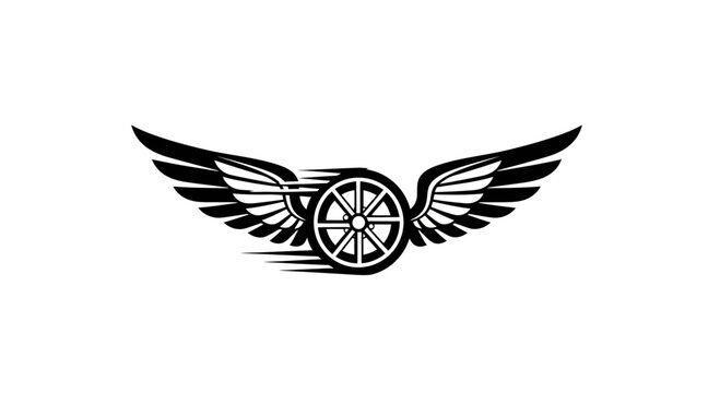 Monochrome winged wheel emblem symbolizing speed and freedom.