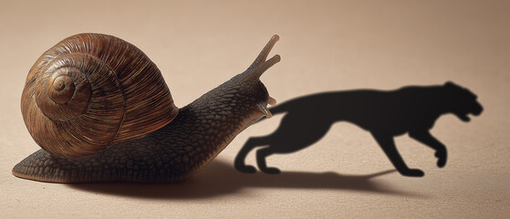 Fototapeta premium The metaphor of aspiration and inner power: a slow snail casting the shadow of a fast cheetah, symbolizing the motivation to achieve great skill..
