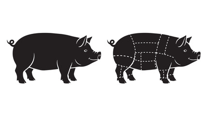 Pigs silhouettes with and without butcher cuts marked by dashed lines, isolated on white background. © RASHIDAPARVIN