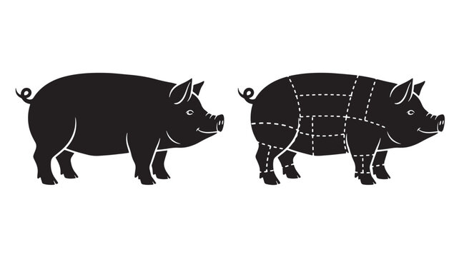 Pigs silhouettes with and without butcher cuts marked by dashed lines, isolated on white background.