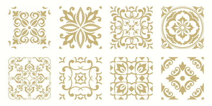 Collection of 8 flower Azulejo tiles. Seamless colorful patterns in azulejo style. Floor tile oriental collection seamless textures. Portugal spanish ceramics. Vector