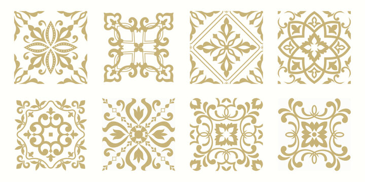 Collection of 8 flower Azulejo tiles. Seamless colorful patterns in azulejo style. Floor tile oriental collection seamless textures. Portugal spanish ceramics. Vector