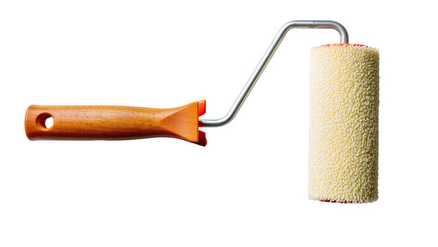 Wooden handled paint roller with textured cream roller, isolated on transparent background